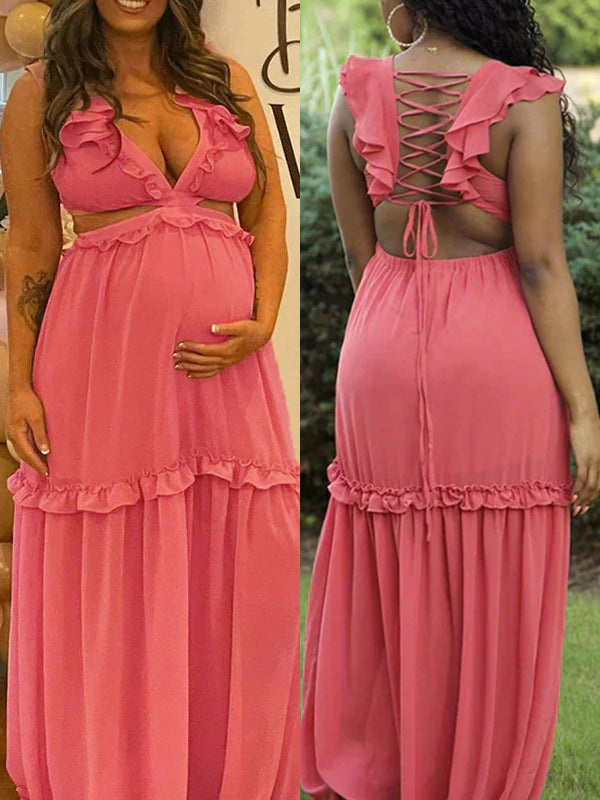 Pink Cut Out Ruffle Backless Tie Back Deep V-neck Elegant Party Maternity Baby Shower Maxi Dress