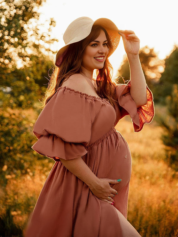Off Shoulder Buttons Front Slit Open Train Elegant Photoshoot  Maternity Maxi Dress