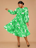 Elegant Print A Line Midi Party Dress O Neck Latern Sleeves