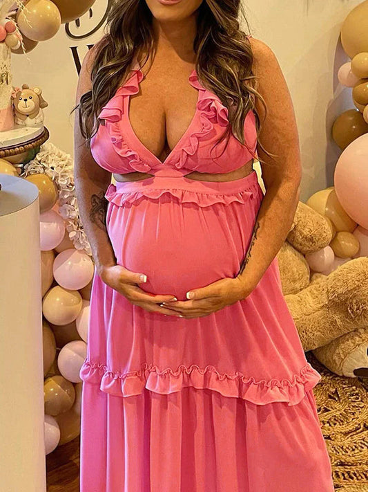 Pink Cut Out Ruffle Backless Tie Back Deep V-neck Elegant Party Maternity Baby Shower Maxi Dress