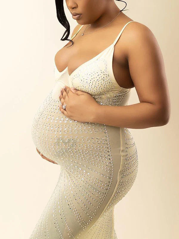 Apricot Mesh Rhinestone Spaghetti Strap Mermaid Cami Evening Gown Elegant Maternity Club Photoshoot Maxi Dress
