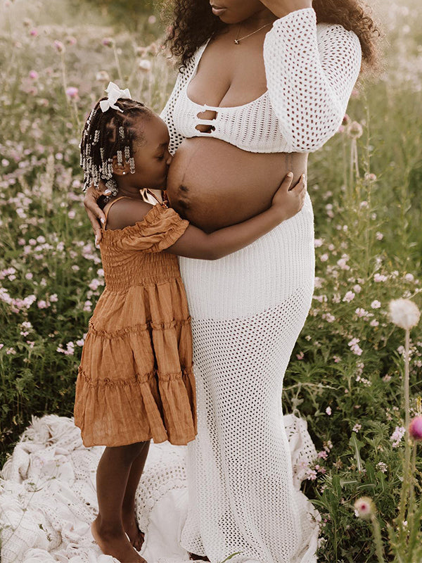 White 2 Piece Crochet Mesh Backless Flare Sleeve Bodycon Vacation Beach Photoshoot Baby Shower Maternity Maxi Dress