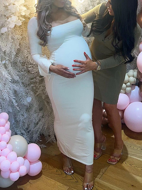Elegant Long Sleeve Maternity Dress Ultimate Baby Shower Outfit White Bodycon Dress