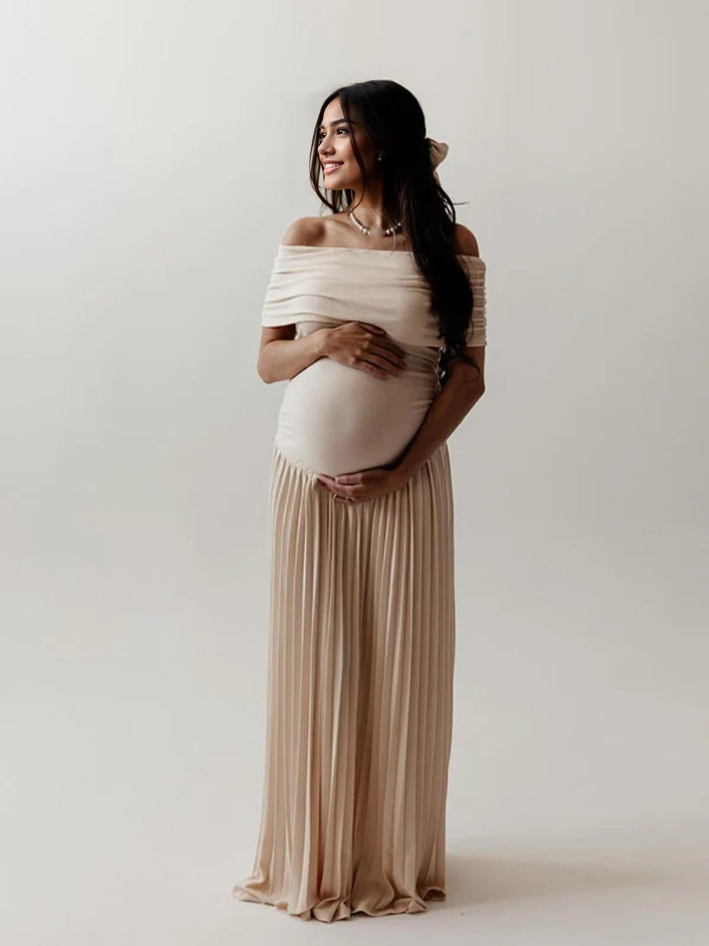 Apricot Off Shoulder Ruched Pleated Big Swing Maternity Baby Shower Maxi Dress