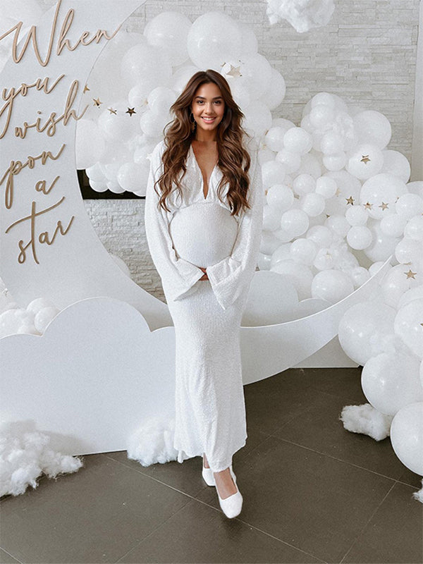 Belly Friendly Sequin Mermaid V-neck Dolman Sleeve Babyshower Maternity Maxi Dress