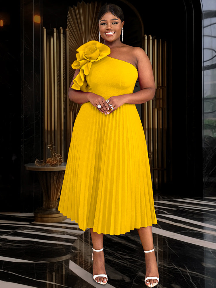 DRESS 3D Flower One Shoulder Pleated Summer Cocktail Dress