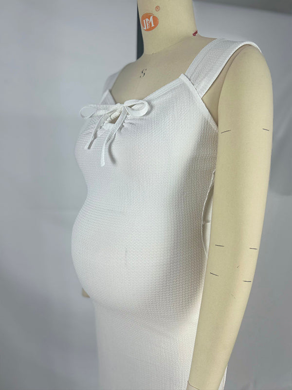 Smocked Bow Tie Side Slit Elegant Bodycon Vacation Beach Photoshoot Cute Baby Shower Maternity Maxi Dress