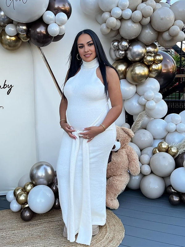 Beige Ruched Wrap Draped High Neck Sleeveless Bodycon Chic Going Out Maternity Photoshoot Baby Shower Maxi Dress