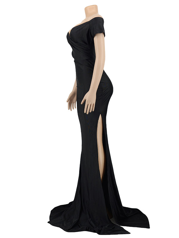 Black Off Shoulder Side Slit Bodycon Baby Shower Photoshoot Gown Maternity Maxi Dress