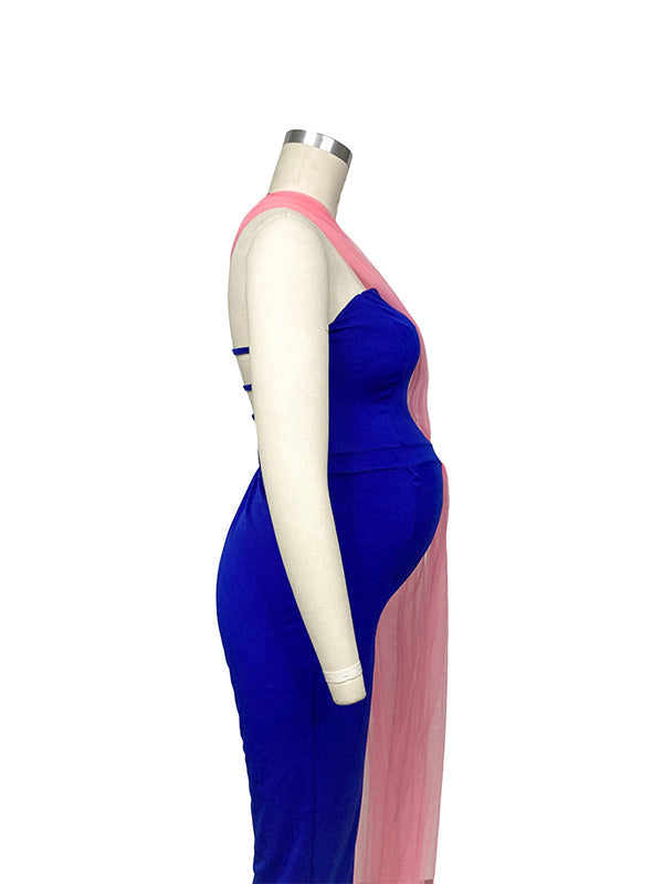 Blue&Pink Tulle Irregular Bandeau Grenadine Off Shoulder Backless Sleeveless Gender Reveal Baby Shower Maternity Jumpsuit