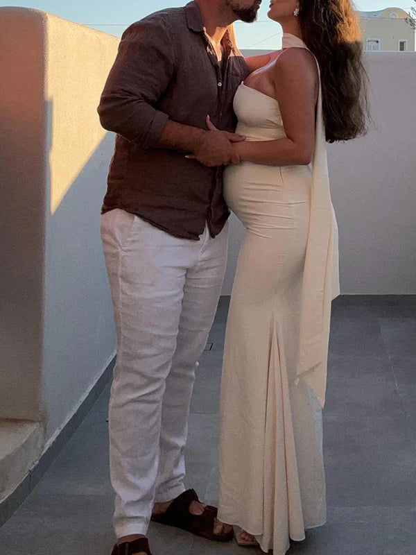 Ivory White Bandeau Strapless Mermaid Dress With Scarf Cocktail Maternity Maxi Dress