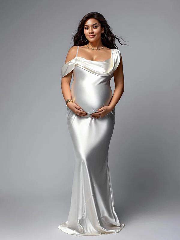 White One Off Shoulder Silk Satin Backless Mermaid Photoshoot Evening Gown Baby Shower Maternity Maxi Dress