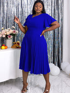 DRESS Asymmetrical Neck Ruffles Short Sleeve Pleated Dress