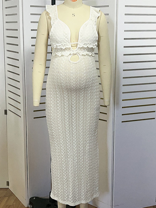 Apricot Cut Out Knitwear Ruffle Backless Tie Back Cocktail Party Gown V-Neck Mermaid Bodycon Elegant Babyshower Dress Photoshoot Maternity Maxi Dress