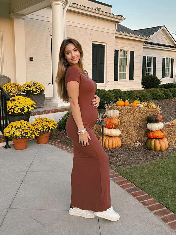 Brown Solid Color Short Sleeve Bodycon Daily Casual Baby Shower Maternity Maxi Dress