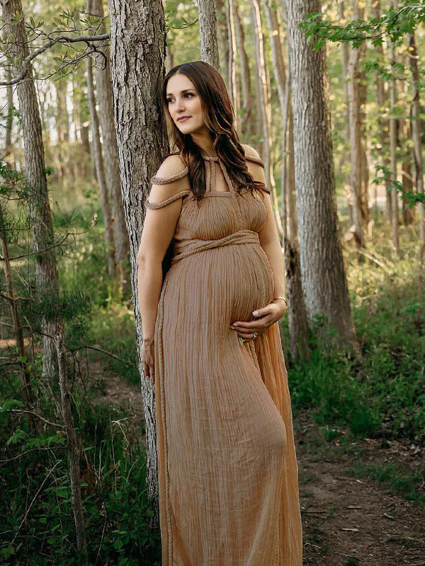 Solid Color Drawstring Backless Cut Out Linen Cotton Vacation Gown Photoshoot Maternity Maxi Dress