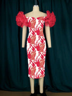 Ruffle Short Sleeve Printed Vintage Dress Midi