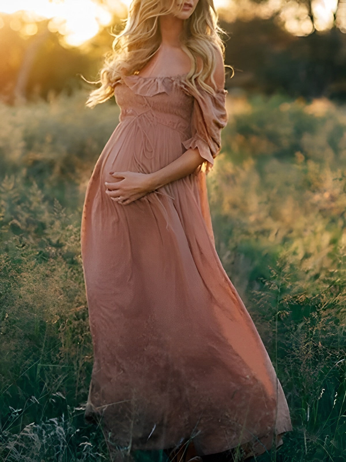 Pink Boho Flowy Bump Friendly Off Shoulder Photoshoots Maxi Dress