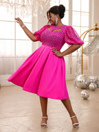Lace Patchwork Hollow Out Lantern Sleeves Pleated Dress