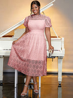 Elegant Lace Midi A Line Wedding Guests Dress Puff Sleeve