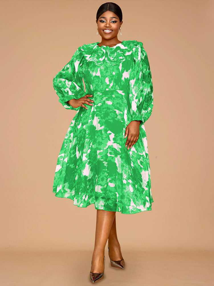 Elegant Print A Line Midi Party Dress O Neck Latern Sleeves