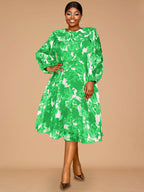 Elegant Print A Line Midi Party Dress O Neck Latern Sleeves