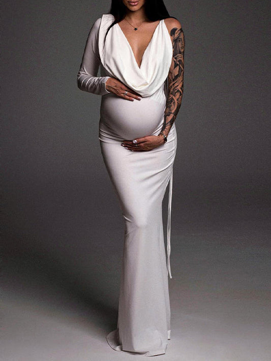 One Sleeve Backless Tie V-neck Bodycon Elegant Evening Photoshoot Gown Baby Shower Maternity Maxi Dress