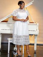 Elegant Lace Midi A Line Wedding Guests Dress Puff Sleeve
