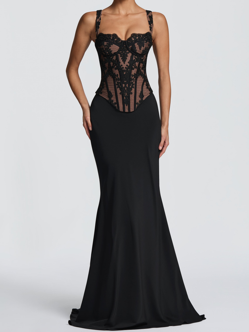 Black Lace Corset Mermaid Maxi Dress