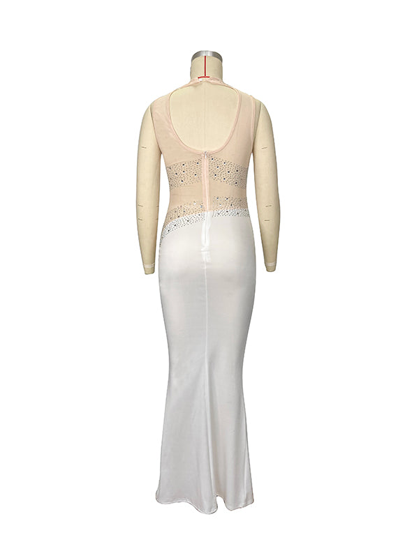 White Rhinestone Mesh Sleeveless Bodycon Evening Maternity Maxi Dress