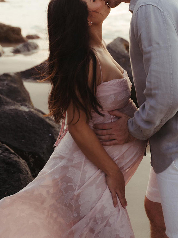 Pink Spaghetti Strap Backless Sheer Big Swing Chic Maternity Maxi Dress