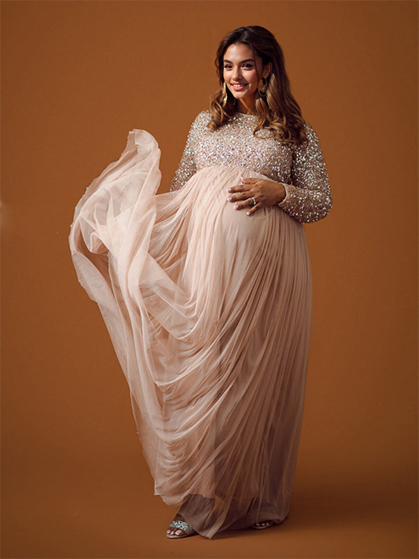 Sequin Tulle Splicing Long Sleeve Party Gown Photoshoot Maternity Baby Shower Maxi Dress