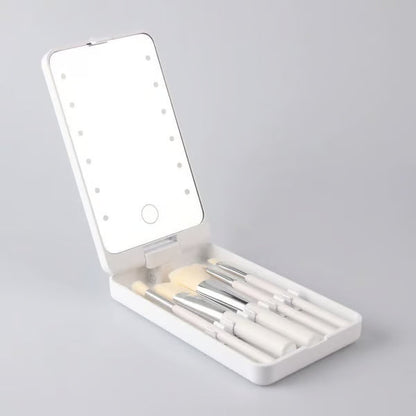 Travel Makeup Brush Set with LED Light Mirror