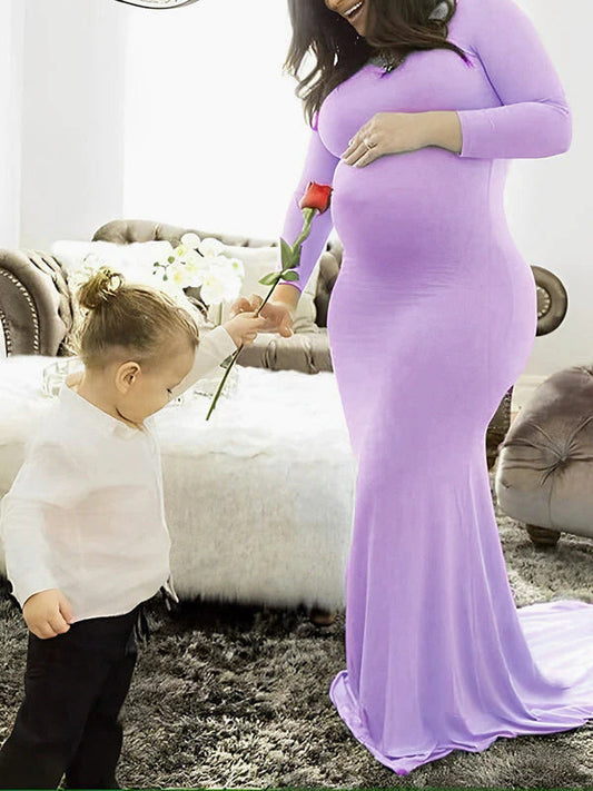 Violet Long Sleeve Bodycon Bump Style Maternity Photoshoot Gown Basic Baby Shower Maxi Dress