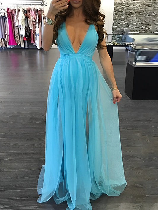 Blue Tulle Spaghetti Strap Backless Grenadine Side Slit V-Neck Cami Babyshower Maternity Photoshoot Maxi Dress