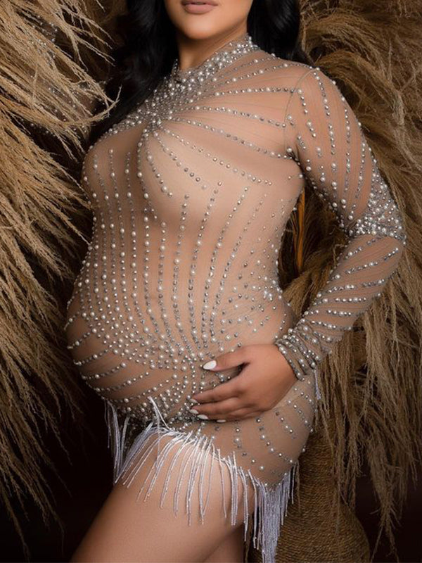 Mesh Rhinestone Pearl Tassel Irregular Bodycon Photoshoos Maternity Mini Dress