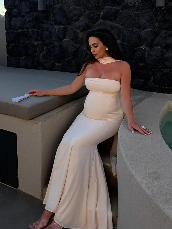 Ivory White Bandeau Strapless Mermaid Dress With Scarf Cocktail Maternity Maxi Dress