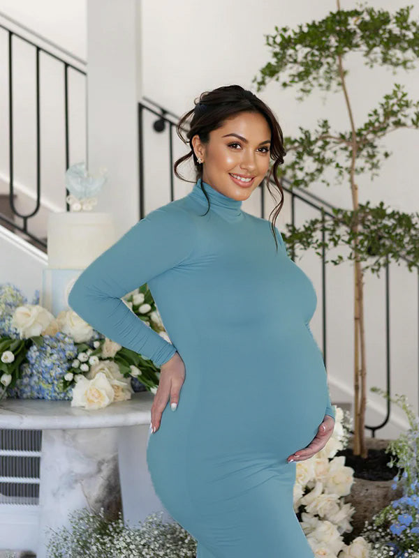 Blue High Neck Long Sleeve Mermaid Elegant Gender Reveal Maternity Photoshoot Baby Shower Maxi Dress