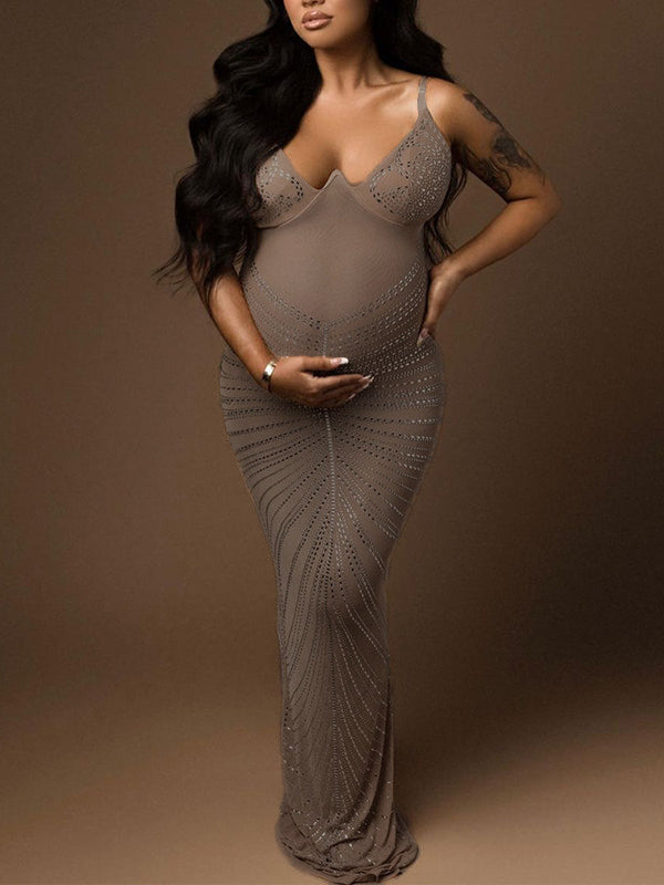 Khaki Mesh Rhinestone Spaghetti Strap Mermaid Cami Evening Gown Elegant Maternity Club Photoshoot Maxi Dress