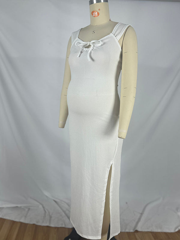 Smocked Bow Tie Side Slit Elegant Bodycon Vacation Beach Photoshoot Cute Baby Shower Maternity Maxi Dress