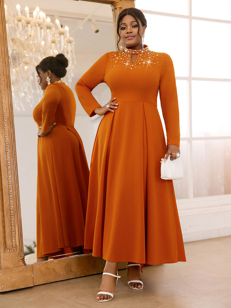 Elegant Beaded A Line Church Dress Pleated Half High Collar