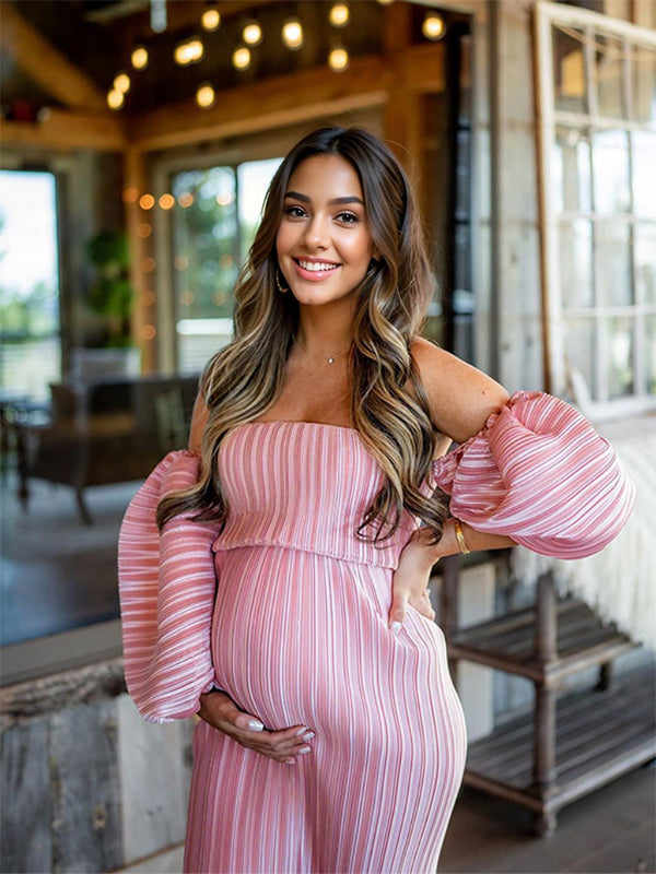 Pink Off Shoulder Bandeau Ribbed  Pleated Bodycon Puff Sleeve Evening Gown Baby Shower Maternity Maxi Dress