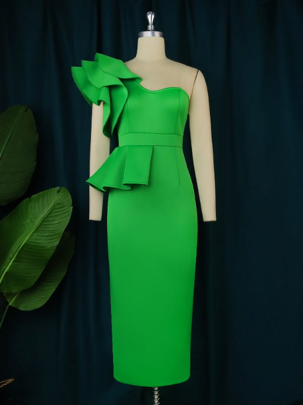 Women One Shoulder Long Green Party Dress