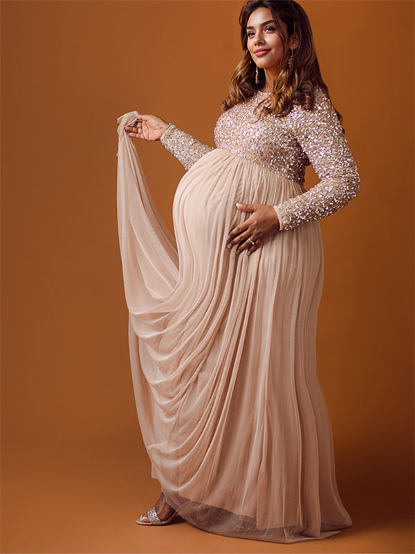 Sequin Tulle Splicing Long Sleeve Party Gown Photoshoot Maternity Baby Shower Maxi Dress