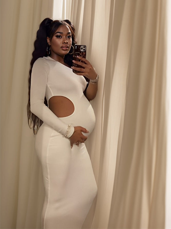 One Shoulder Cut Out Irregular Bodycon Long Sleeve Fashion Baby Shower Maternity Maxi Dress