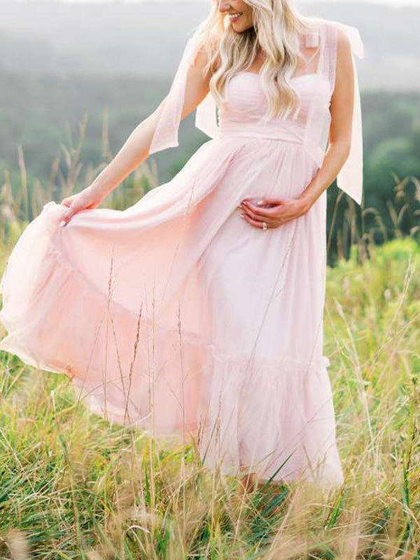 Light Pink Polka Dot Bow Ruffle Falbala Tie-Shoulder A-line Tulle Princess Dress Maxi Dress