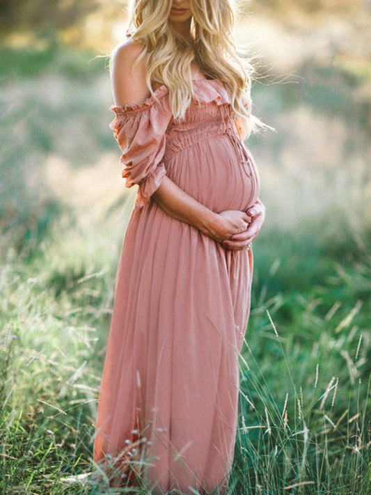 Pink Boho Flowy Bump Friendly Off Shoulder Photoshoots Maxi Dress