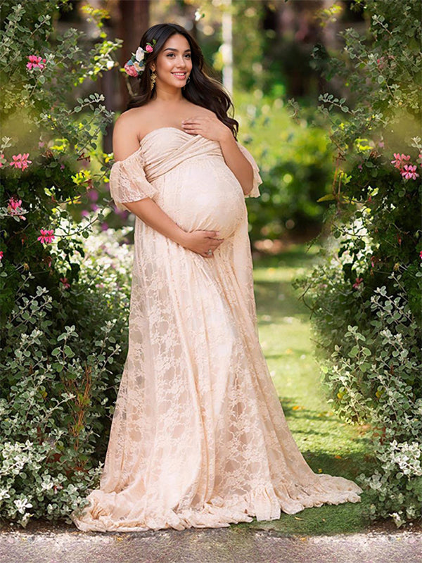 Solid Color Lace Off Shoulder Cap Sleeve Photoshoot Maternity Maxi Dress