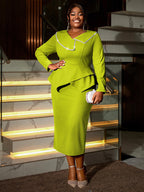 DRESS Asymmetric Split V Neck Dress Beaded Long Sleeve Ruffles