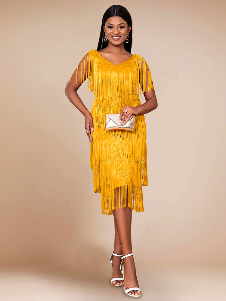 Sexy V Neck Sleeveless Fringe Dress Mini